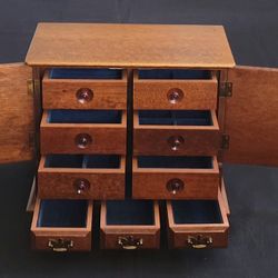 Gorgeous! Vtg Armoire Style Jewelry Box Wood & Brass 10"X12.5"X7" 9 Drawers