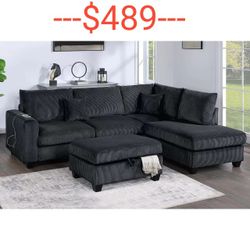 Black Corduroy Sectional Sofa With Storage Ottoman