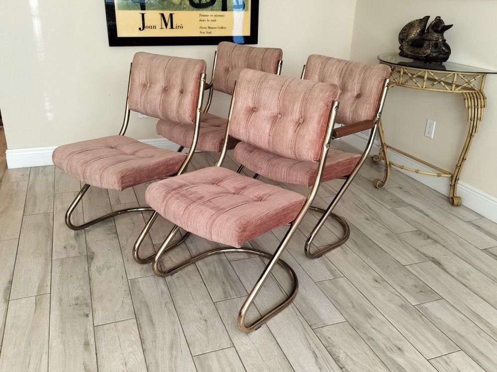 Vintage Mid Century Set of 4 Tubular Brass Plated Cantilever Z Dining Chairs.