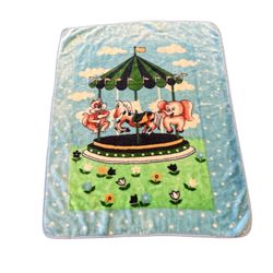 Vintage Carousel Merry Go Round Elephant Squirrel Horse Flowers Baby Blanket