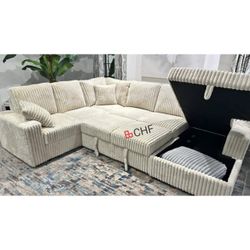 Corduroy Fabric Upholstered U-Shaped Sectional Sofa with Pull Out Bed