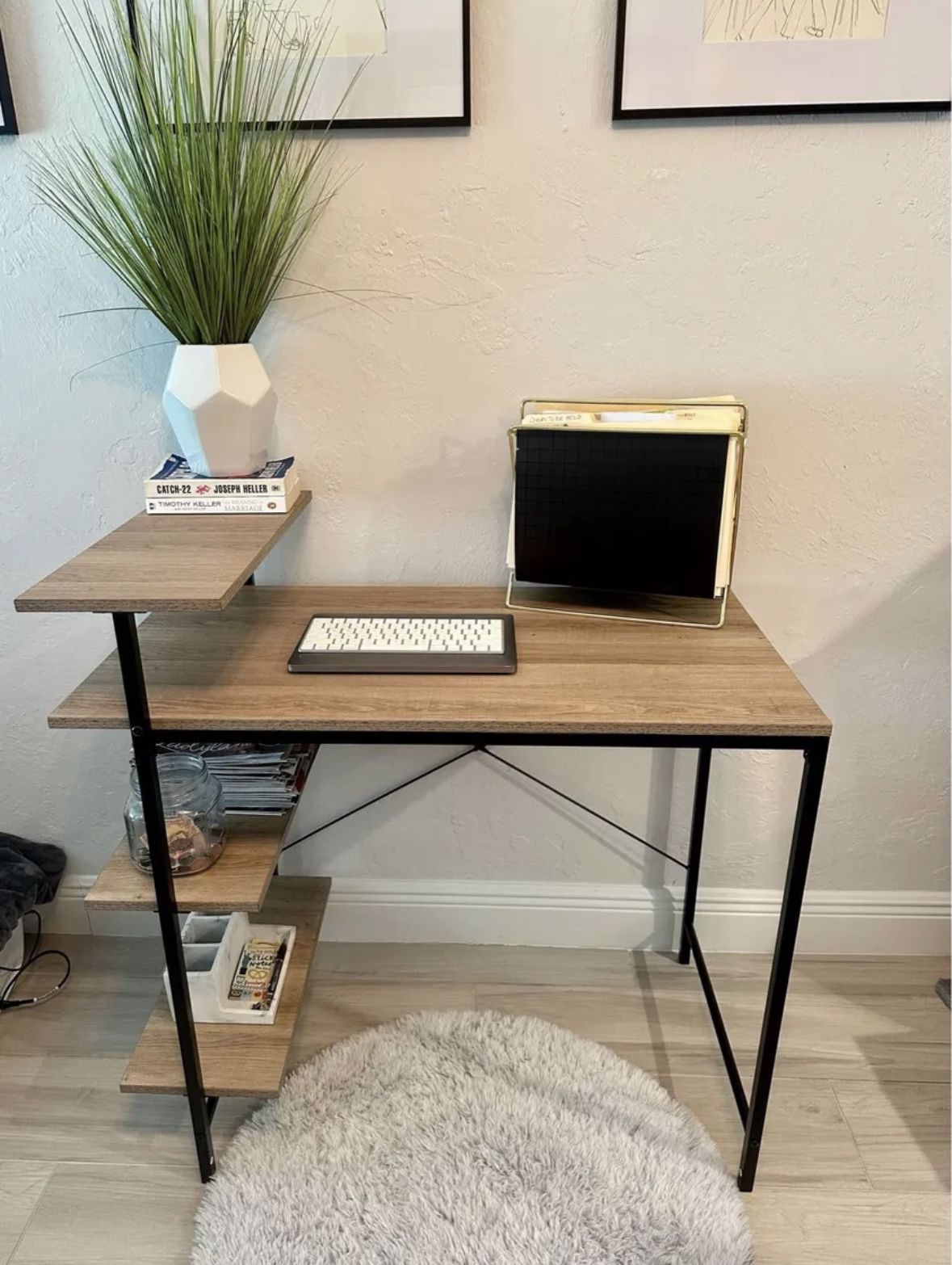 Wood & Metal Desk - Modern Open Shelf Desk