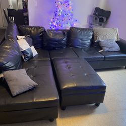 Black Faux Leather L-shaped Couch 