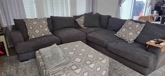 Charcoal Grey Sectional Sofa with Patterned Ottoman