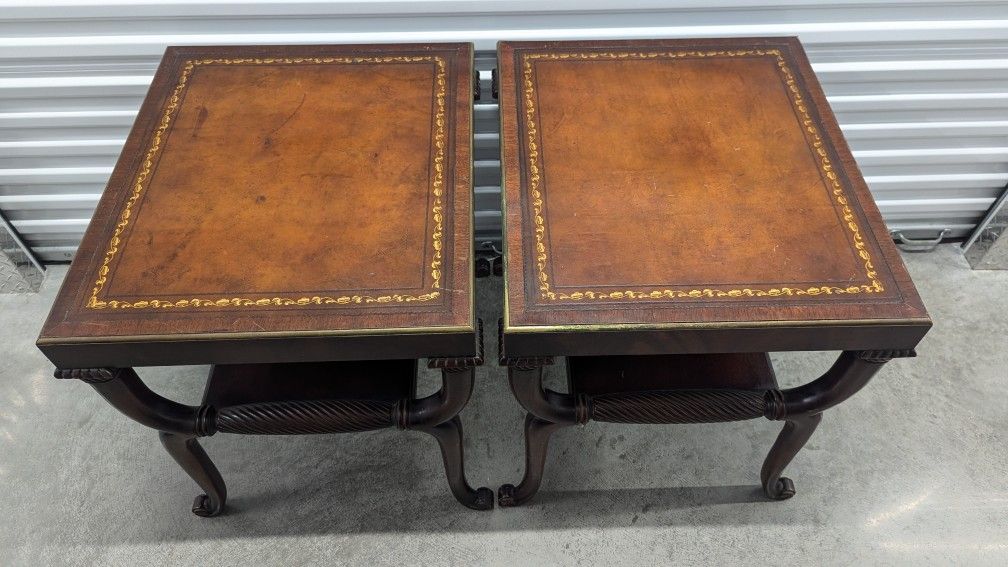 Pair Vintage Leather Top End Tables - Solid Wood - Can Deliver 