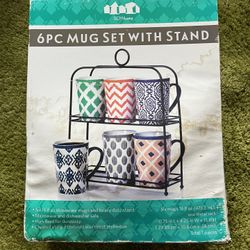 New 6pc Stoneware Mug Set w/ Metal Stand – 16oz Coffee Cups