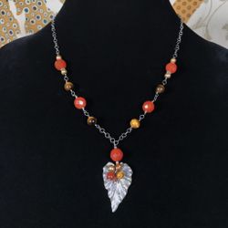 Artisan Carnelian Tiger's Eye Pearl Leaf Pendant Necklace 925 Sterling Silver