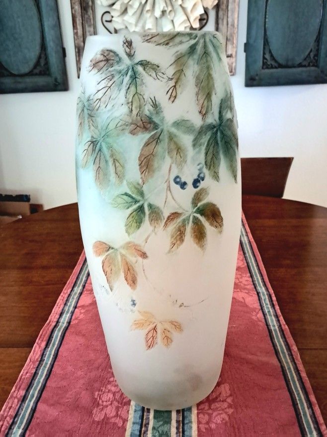 Cameo cut & enamelled French vase circa 1920s. No chips, cracks or repairs. 15.5" high x 7" diameter *Apopka Pick-Up *