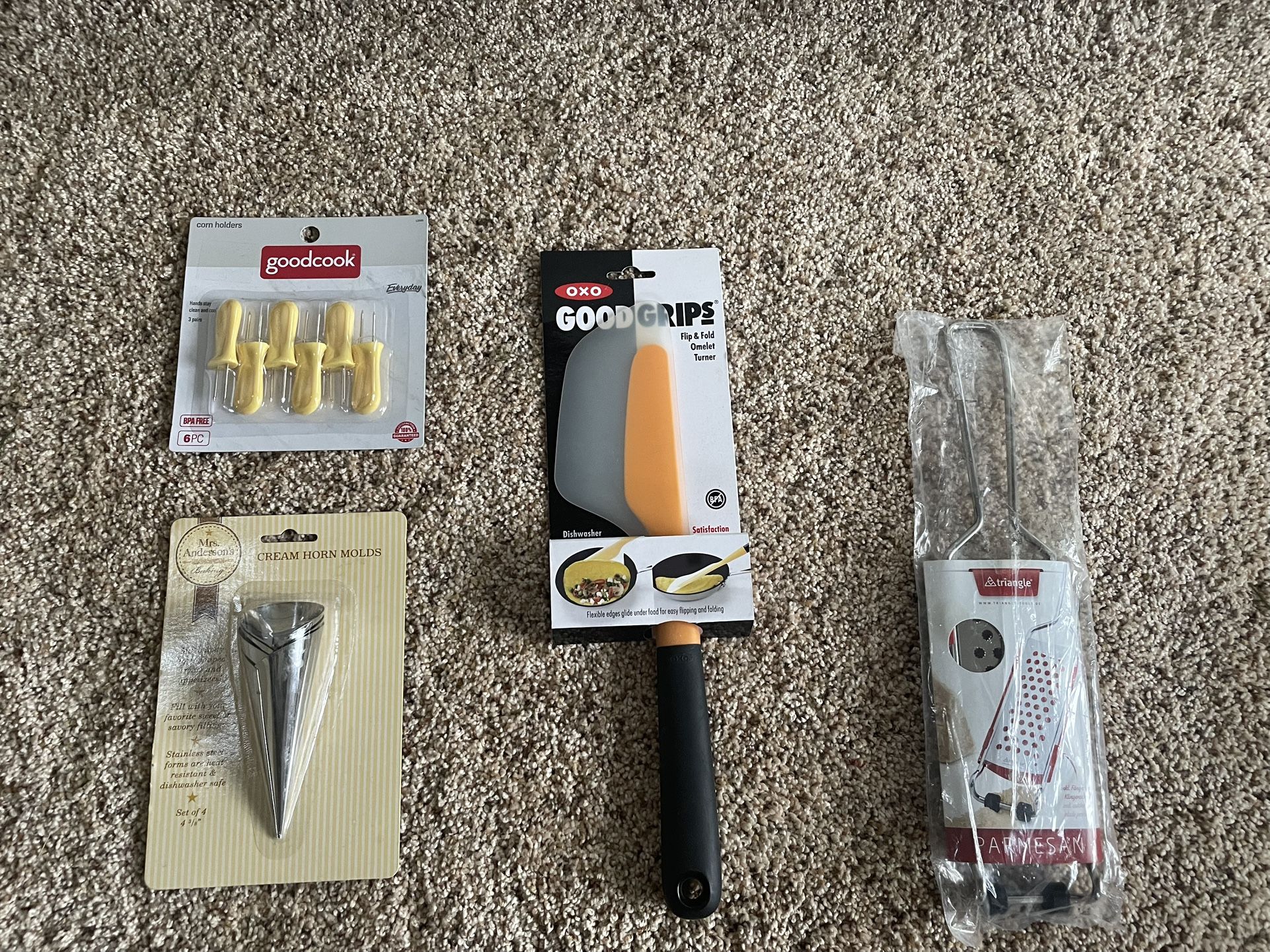 NEW kitchen items: corn holders, cream horn molds, turner spatula, parmesan grater gifts presents