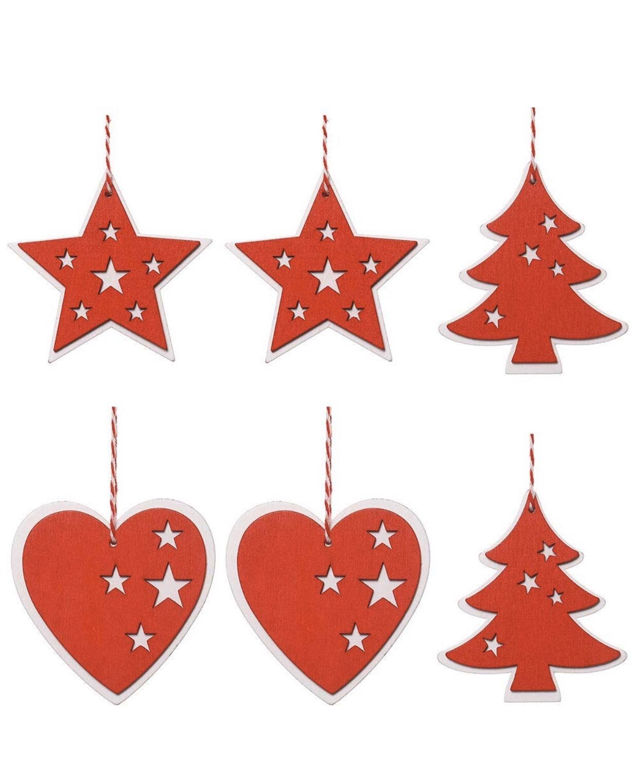 6 Pc Christmas Decorations Wooden Ornament Xmas Tree Hanging Tags Pendant (red-White)