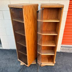 x2 1990s Oak swivel media towers – CD/DVD/VHS cabinets smoked glass door, 5 fixed shelves