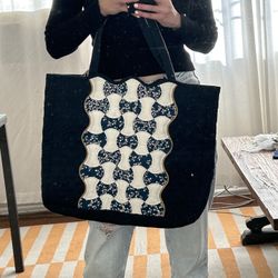 Handmade Japanese Patchwork Tote Bag Quilted Floral Sakura Navy