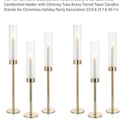 Hurricane Glass Candle Holders: Set of 6 Tall Gold Metal Candlestick Holder with Chimney Tube Brass Tiered Taper Candles Stands