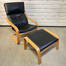 Ikea Black Leather Poang Chair & Stool