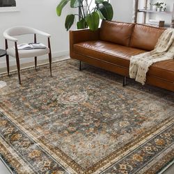 New CHAMPLANT 9x12 Washable Retro Boho Area Rug - Rust Floral (High Traffic)