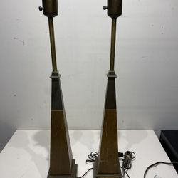 Pair of Mid Century Modern Vintage Table Lamps by Stiffel Brass Wood
