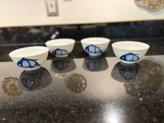 4 Chinese Rice Porcelain Bowl Hand-painted Blue Koi Fish Dishwasher-safe 4.5”