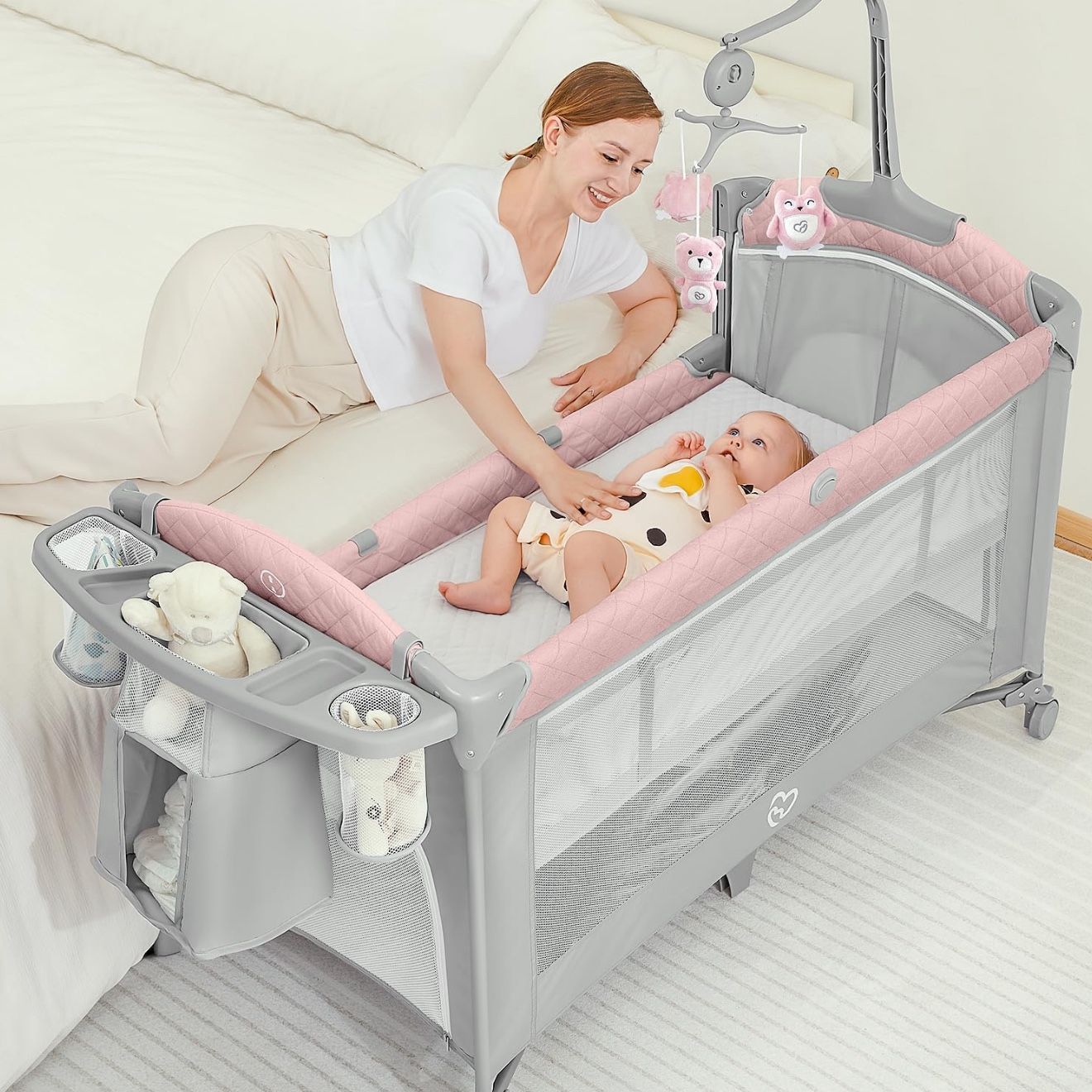 BabyBond Baby Bassinet Bedside Crib, Pack and Play with Sheet, Diaper Changing Table and Music Mobile from Newborn to Toddles, Portable Large Playard