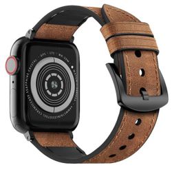 MARGE PLUS Compatible Apple Watch Band 45mm 44mm 42mm, Sweatproof Hybrid Genuine Leather and Silicone Sports Watch Band Replacement for iWatch SE Seri