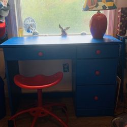 Child’s Red And Blue Sports Theme Desk, Chair, Lamp, Valance & Pillowcases 