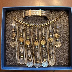Premier Designs Gold Tone Ancient Roman Greek Coin Fringe Statement Necklace & Cuff Set
