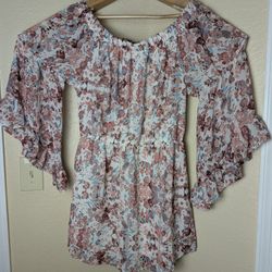Mint Of Blush Floral Ruffle Bell Sleeve Rounded Hem Off Shoulder Dress