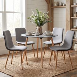 Homy Casa ROOKE R+SCARGILL 5-Piece Gray Dining Set  31.5" Round Table and 4 PU Upholstered Chairs with Oak-Effect Legs Open Box