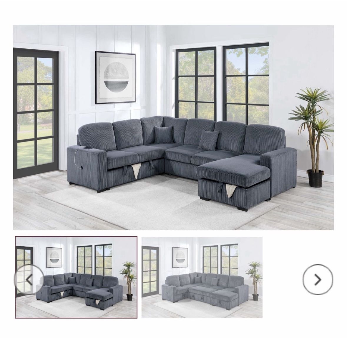 $649-4Piece Convertible Sectional  Sleeper Sofa ,Chaise Storage ,Sofa Storage & USB Ports 98” x 103” x 61” x36”H