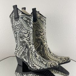 CORKYS Y2K Creme Floral Paisley Western Pointed Toe Heeled Rubber Cowboy Boots