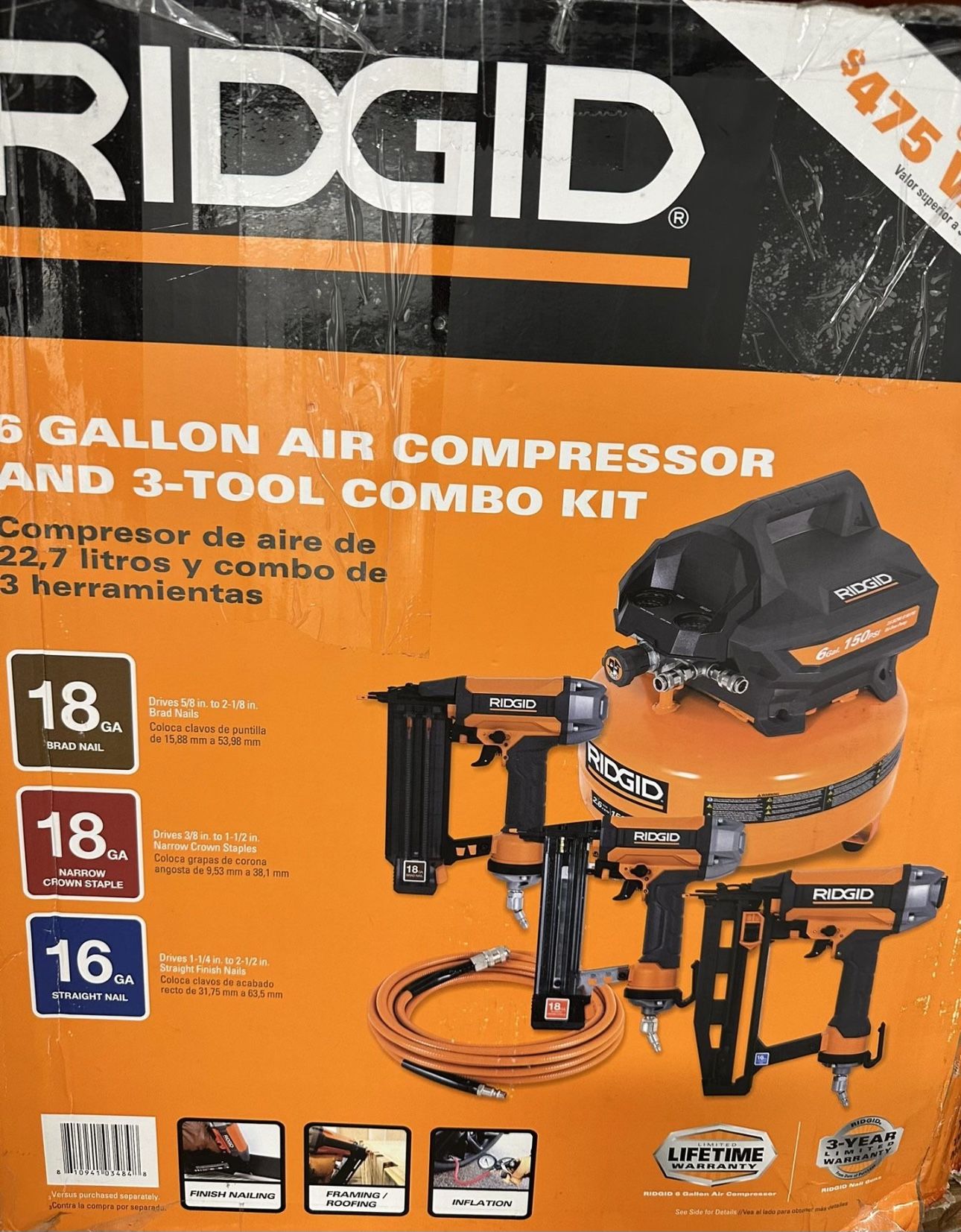 6 GALLON AIR COMPRESSOR AND 3-TOOL COMBO KIT • 150 Max PSI 2.6 SCFM @ 90 PSI, 1.5 HP Motor,