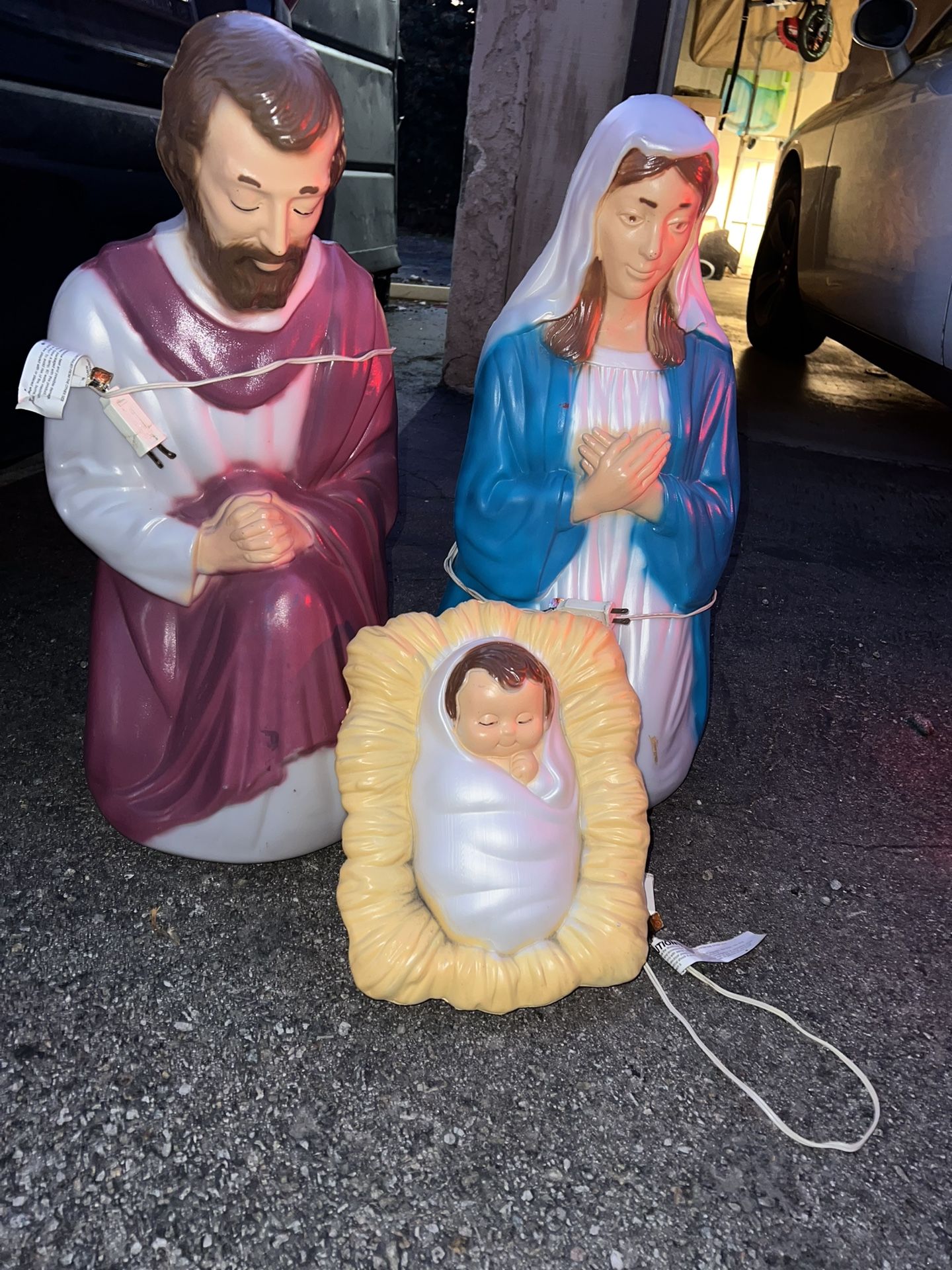 Vintage 3 Piece General Foam Blow Mold Christmas Nativity with Light Cords