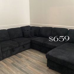 New Black Sectional Sofa With Pull-out Bed & Storage Corduroy Fabric 