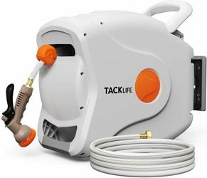 NEW TACKLIFE Wall Mounted Auto Rewind Garden Hose Reel with Spray Nozzle