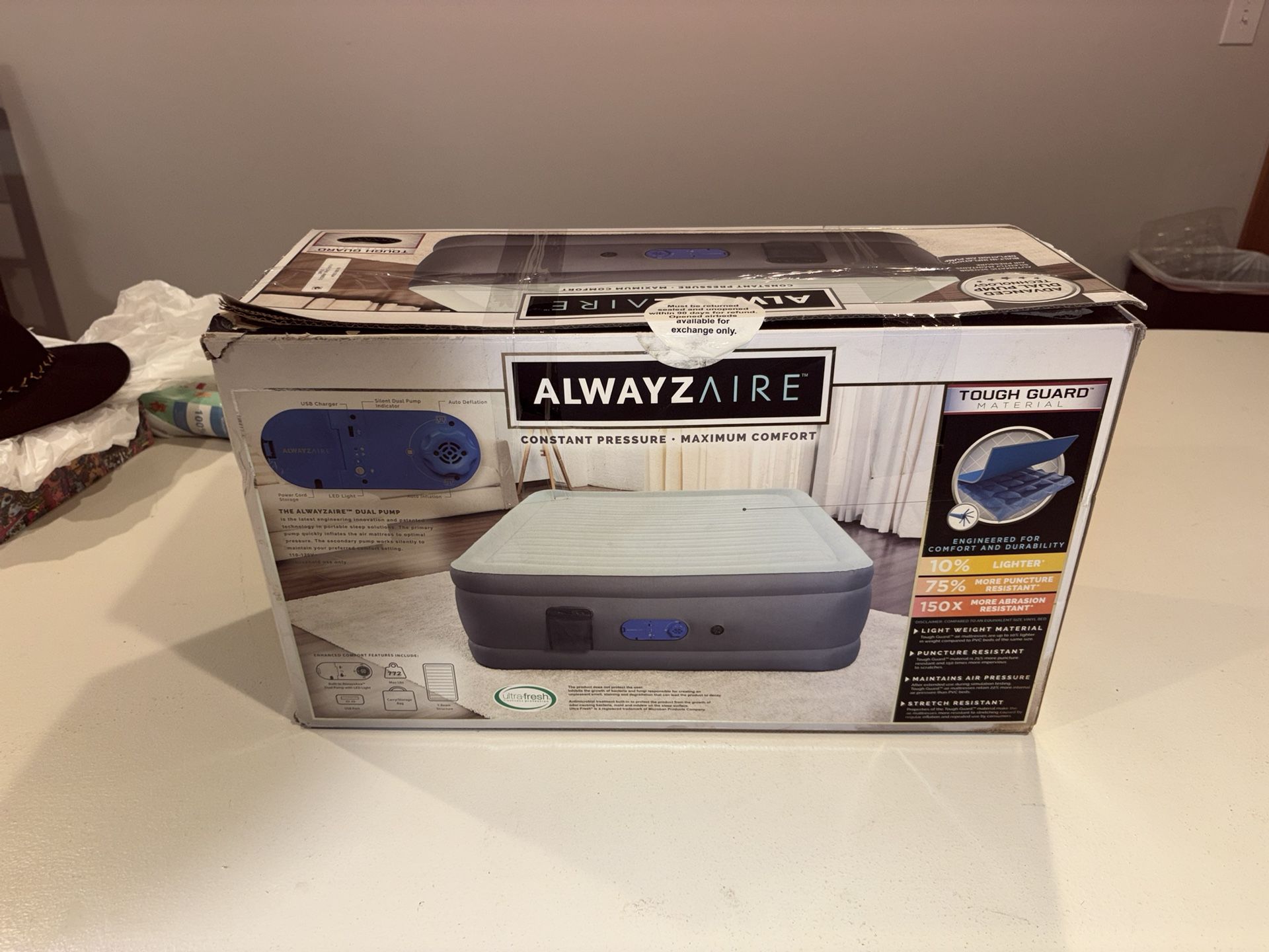 Alwayzaire air mattress queen size model 15506E brand new in the box was a gift never opened.  Makes for a great gift!   constant pressure, maximum co