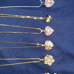 Necklace. Cadena. Gold Color. Silver Color. Rhinestones. Flower. Rose. Pink Heart. Fashion Jewelry 