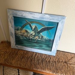 Framed vtg 70s 16x20” Fine Art Pegasus Horse Print Carole Hoss large whimsical