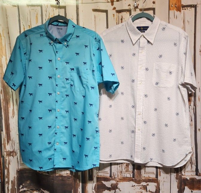 Two S/S Button-down Dog Print Pattern Men's Shirts L