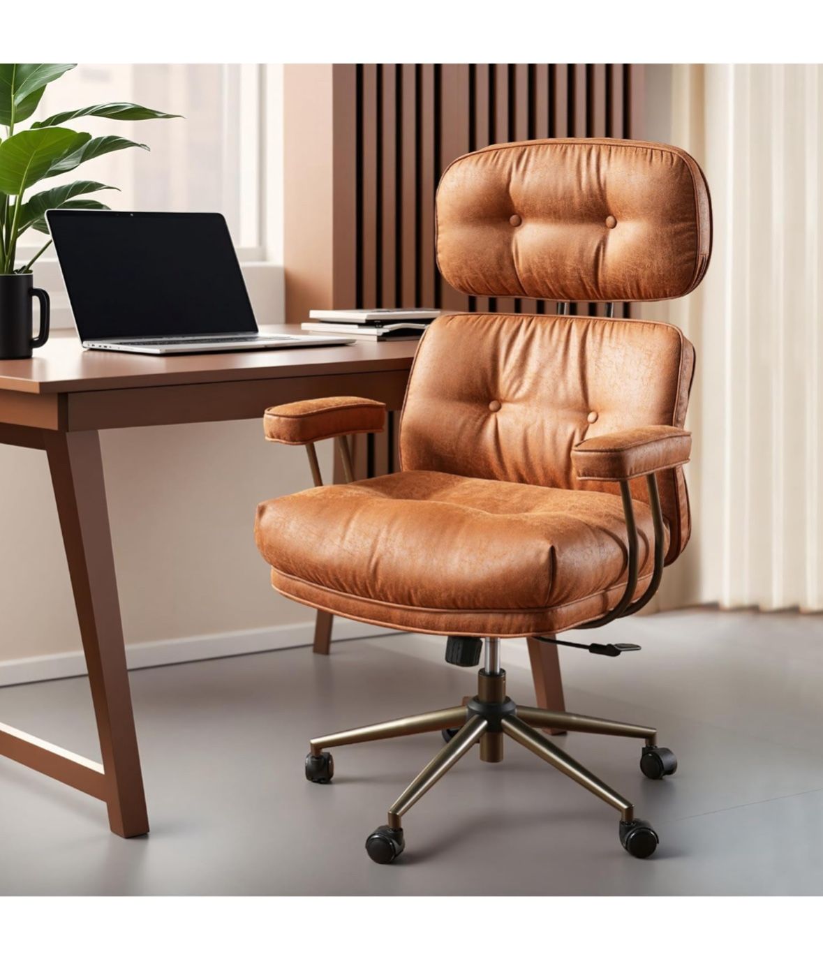 ovios Ergonomic Home Office Chair, Mid-Century Modern Faux Leather Chairs with Thickened Cushions, Comfy High Back Swivel Rolling Executive Computer A