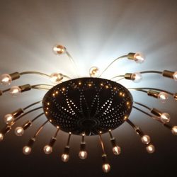 Large Atomic Mid Century Modern Ceiling Light.Flush Mount Brass Sputnik Piered Pinhole Disk Light Lamp