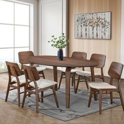 Brand New Walnut & Beige Mid Century Modern Style 7pc Dining Table Set