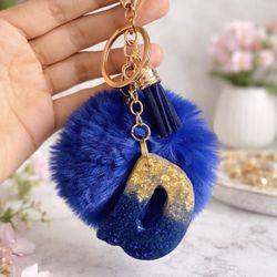 Blue Fuzzy Letter D Resin Glitter And Gold Keychain With Tassel 