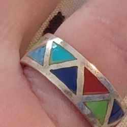 Sz6- Vintage Sterling Silver Inlaid Turquoise, Coral,Lapis Band Ring