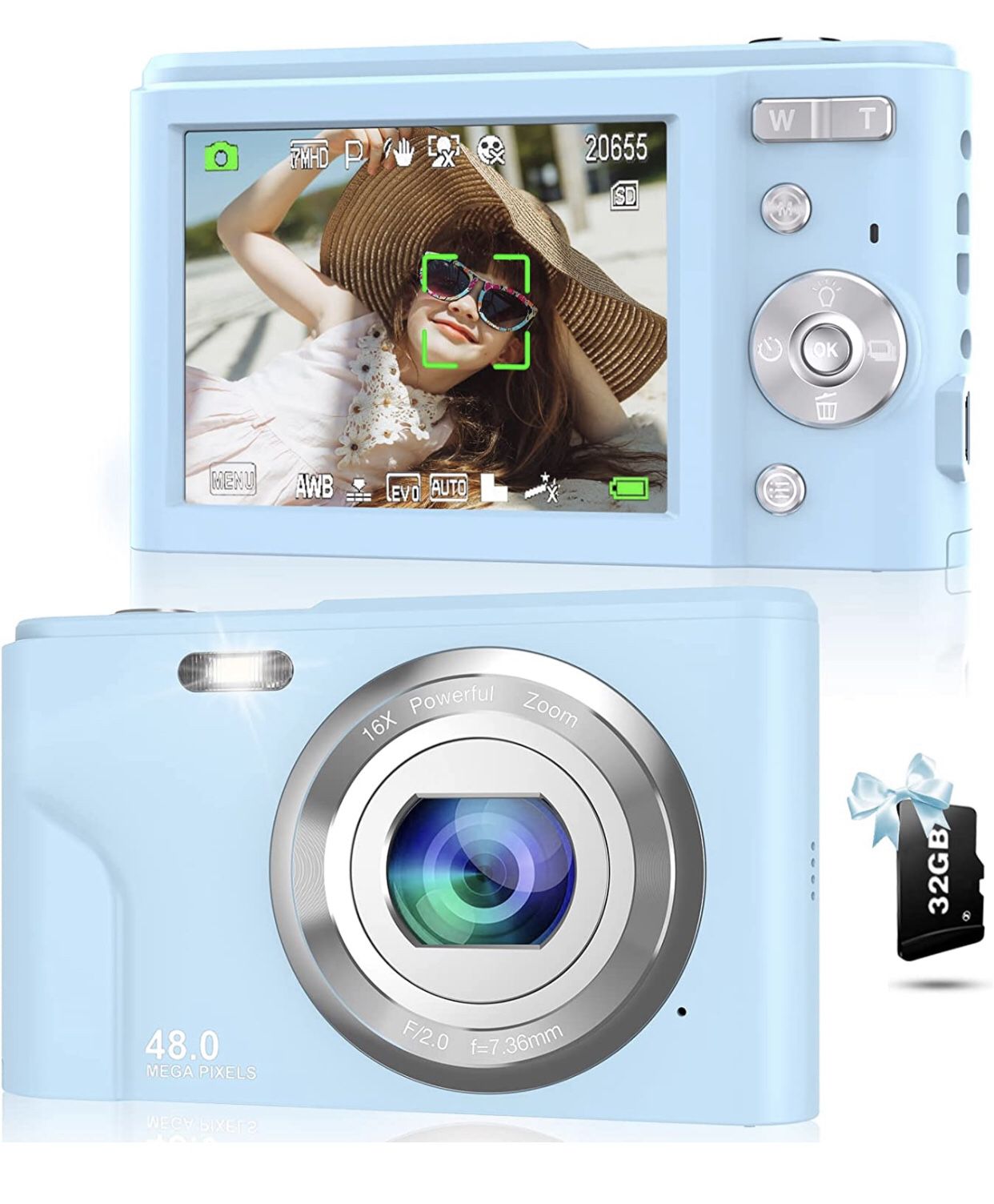 Digital Camera, 1080P 48MP Autofocus Kids Video Digital Camera with 32GB SD Card 16X Digital Zoom, Compact Point and Shoot Vlogging Mini Camera for Te