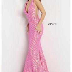 Jovani - 59762 Neon Pink Sexy Sheer Panel SequinGown