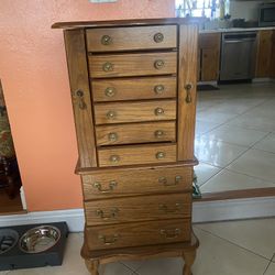 Elegant Oak Jewelry Armoire with Red Velvet Interior