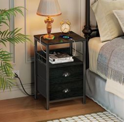 Nightstand with Charging Station – Black Oak