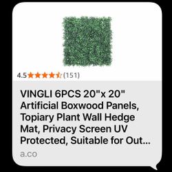 VINGLI 6PCS 20"x 20" Artificial Boxwood Panels, Topiary Plant Wall Hedge Mat, Privacy Screen UV Protected,