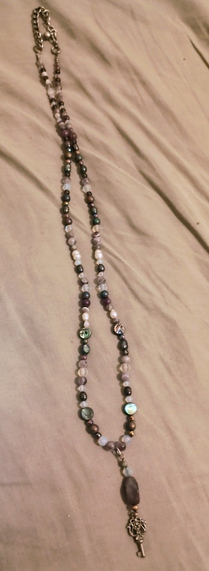 40" handcrafted Necklace with opal, amethyst, rainbow hematite, abalone and pearl creative Piece
