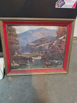 Detailed Wooden Frame with Wagon Crossing River Print