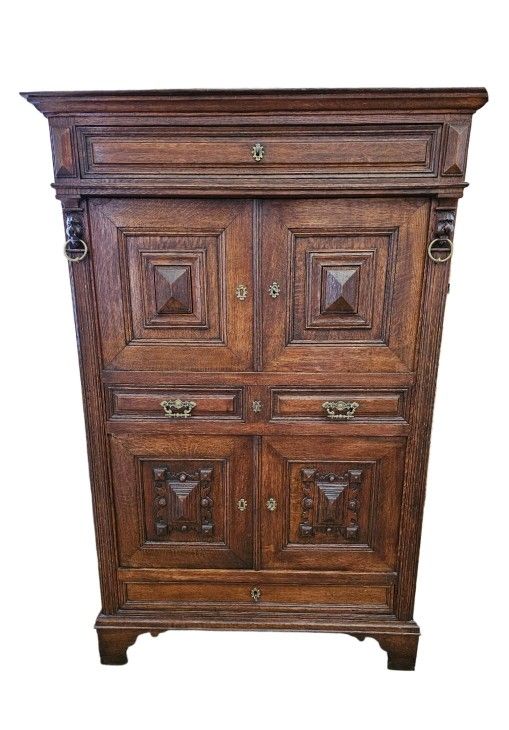 Antique Oak Pilaster Cupboard Cabinet/ Server